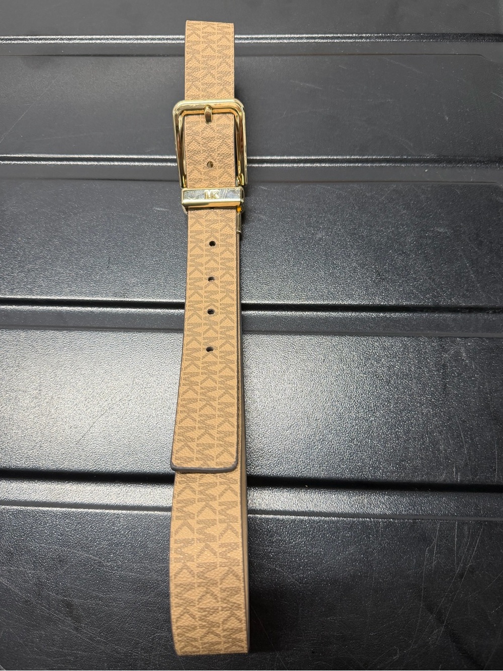 Michael Kors Tan MK Logo Print Men's Belt with Gold Buckle